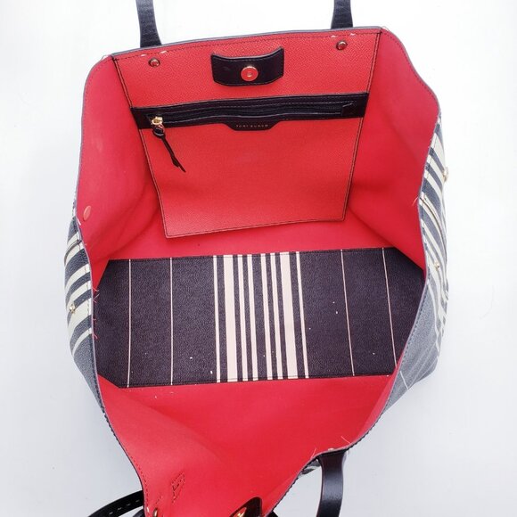 Tory Burch Kerrington Square Coated Canvas Tote Bag Purse Black White Stripe - Picture 6 of 12